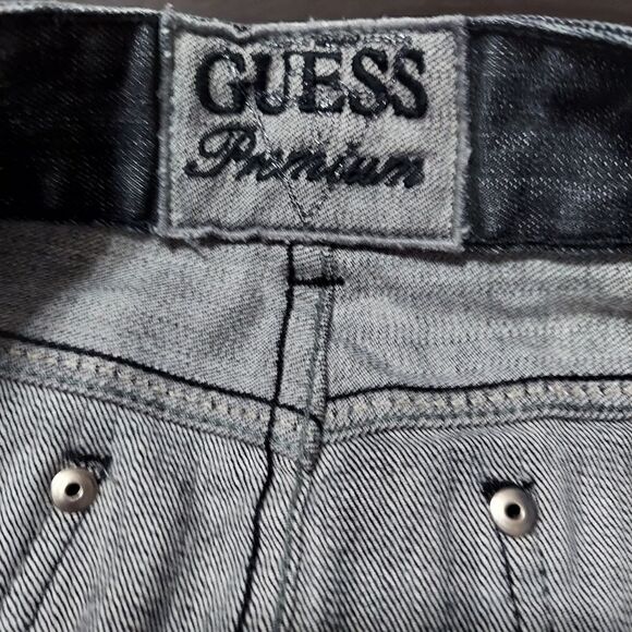 Guess denim skirt size 31 length 18 5". Embroidered logo and embellished rear po - Picture 8 of 8